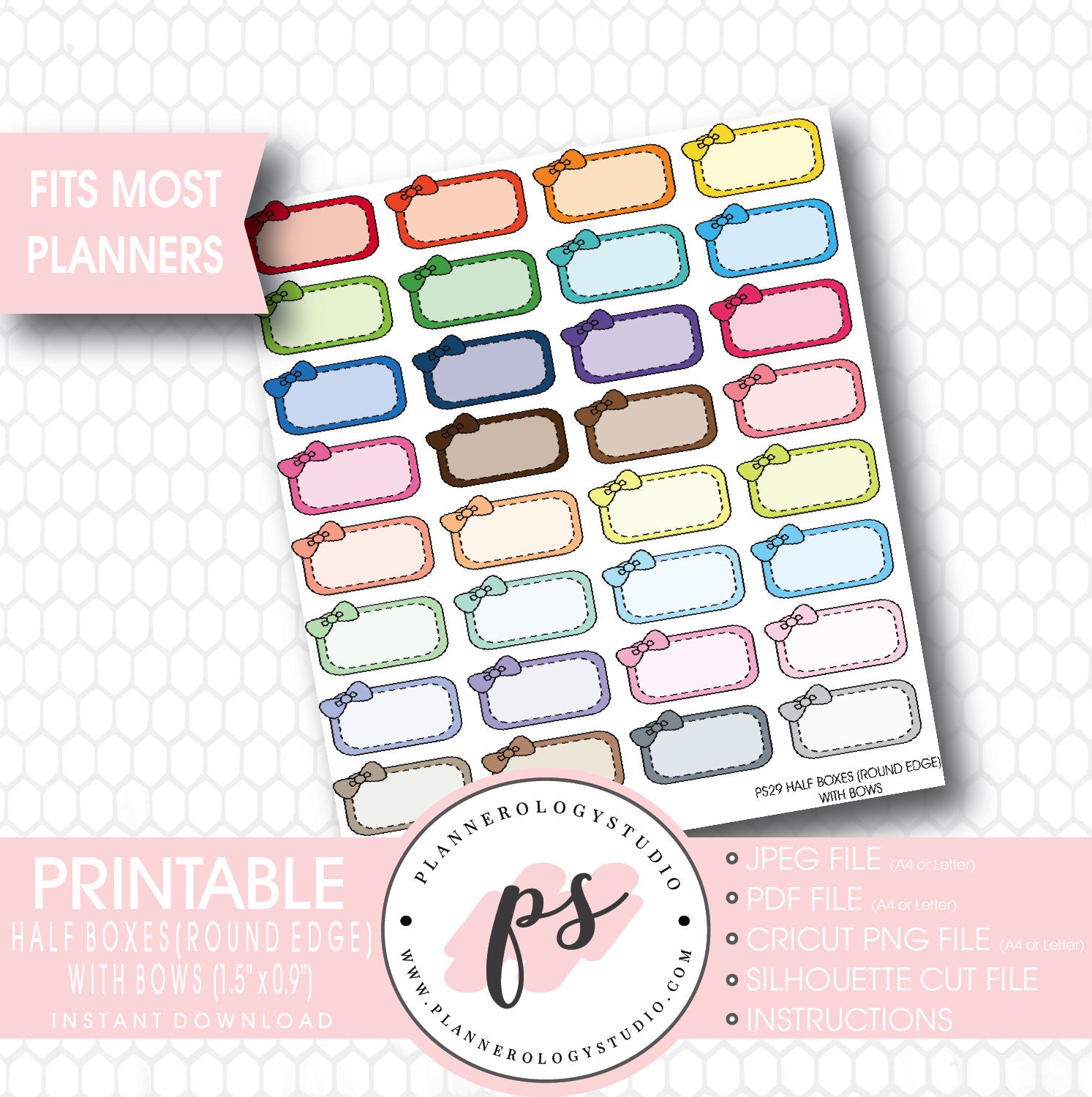 Half-Box (Round Edge) with Bow Printable Planner Stickers - Plannerologystudio