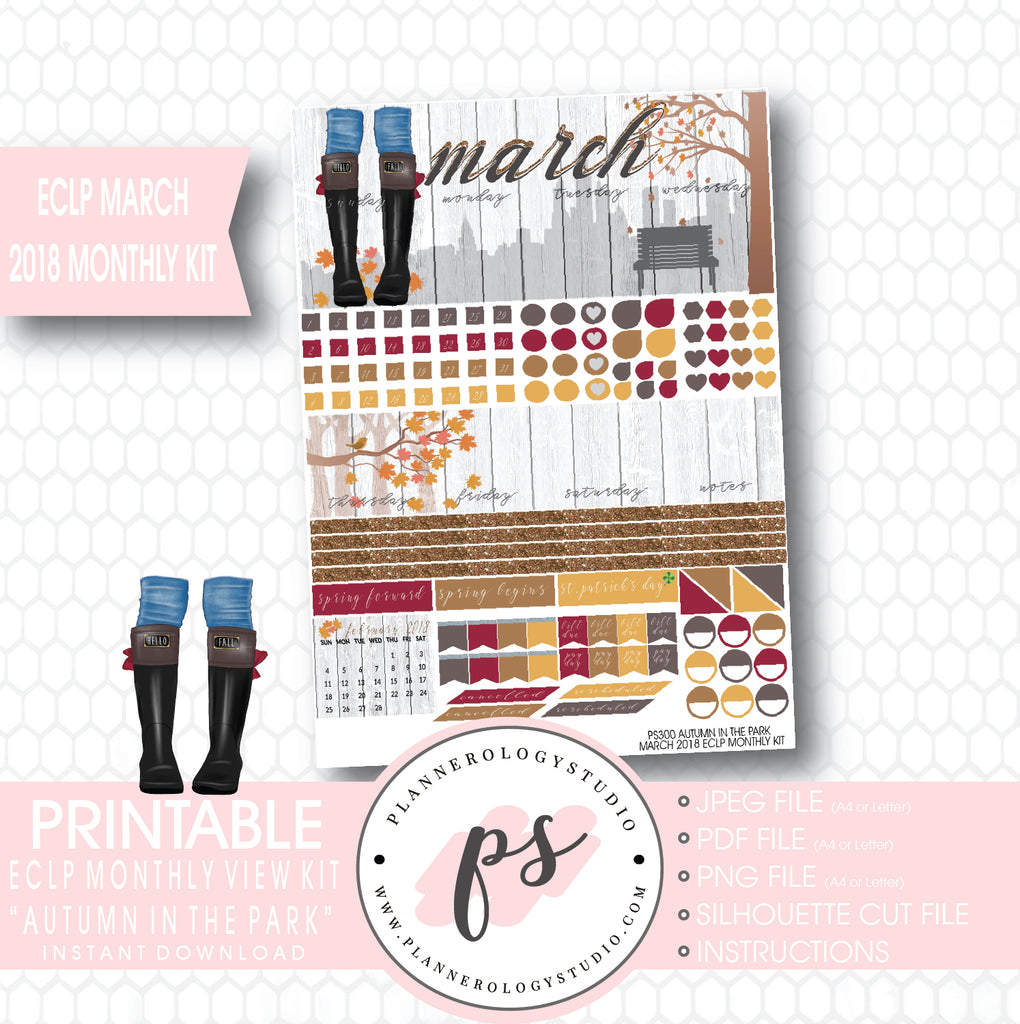 Autumn in the Park March 2018 Monthly View Kit Digital Printable Planner Stickers (for use with ECLP) - Plannerologystudio
