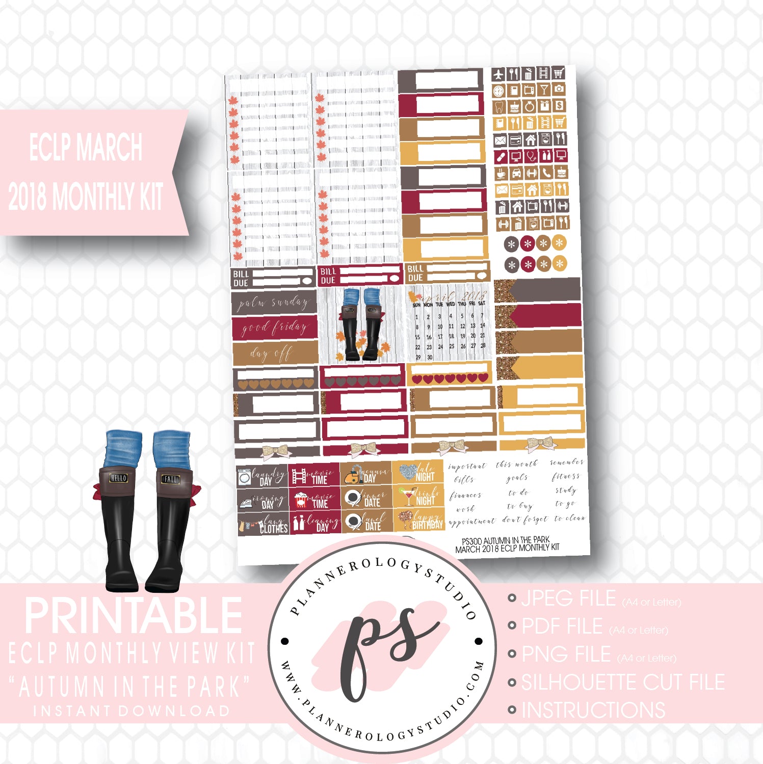 Autumn in the Park March 2018 Monthly View Kit Digital Printable Planner Stickers (for use with ECLP) - Plannerologystudio