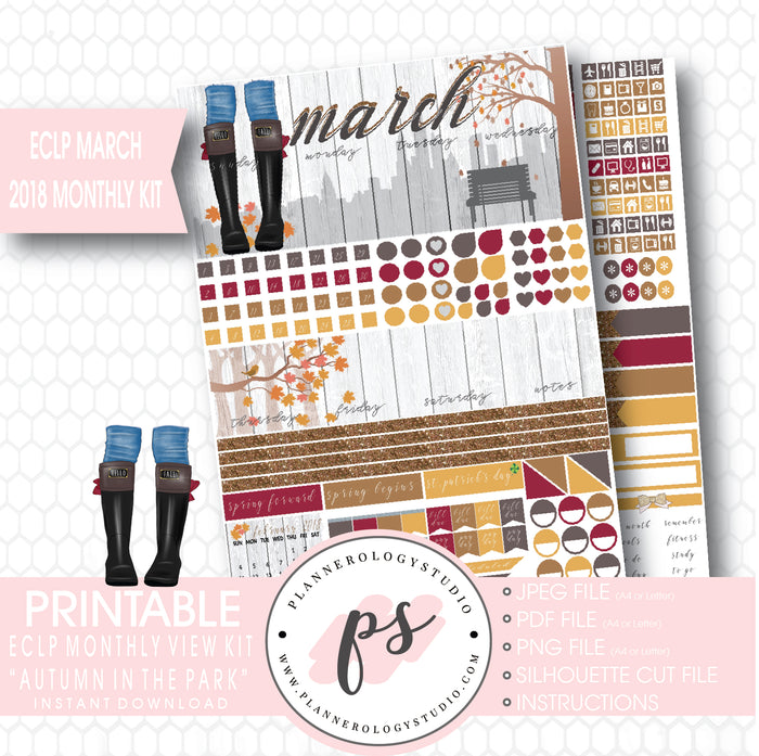 Autumn in the Park March 2018 Monthly View Kit Digital Printable Planner Stickers (for use with ECLP) - Plannerologystudio