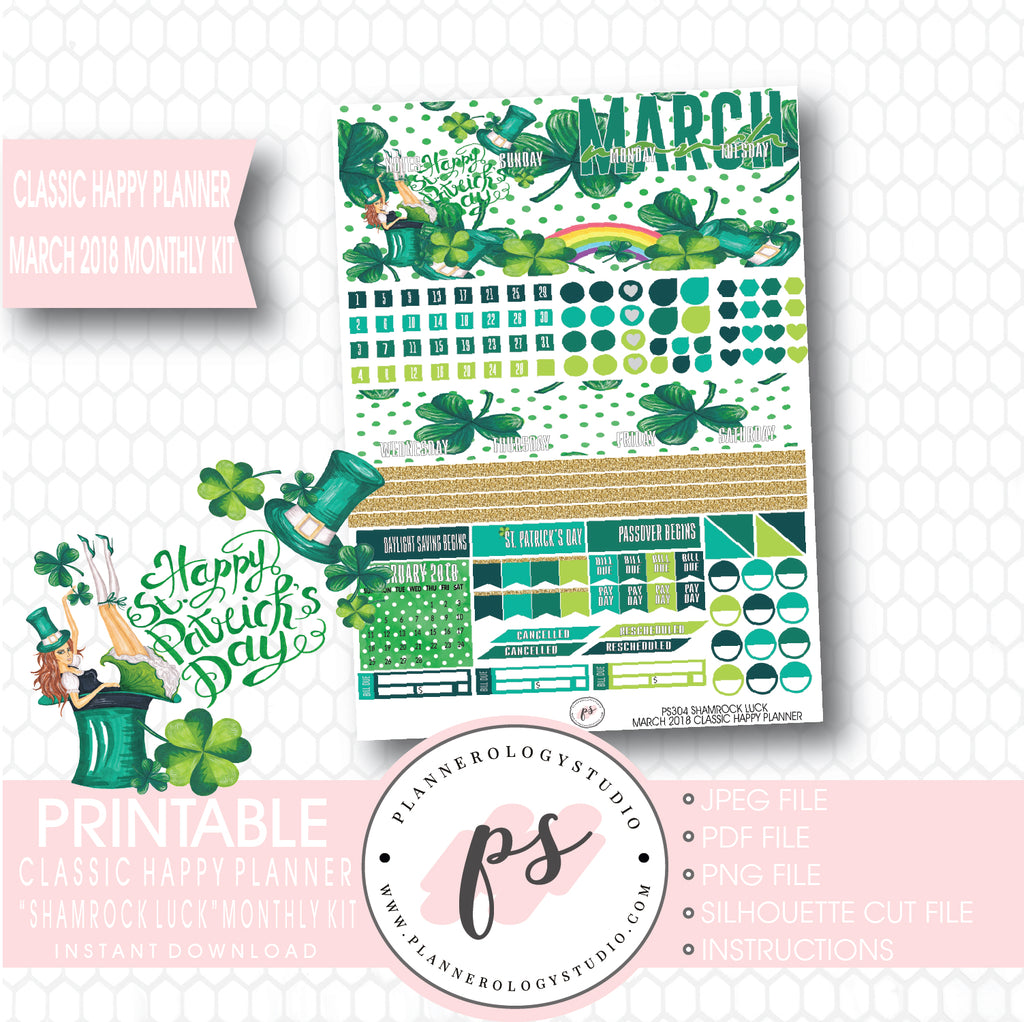Shamrock Luck St Patrick's Day March 2018 Monthly View Kit Digital Printable Planner Stickers (for use with Classic Happy Planner) - Plannerologystudio