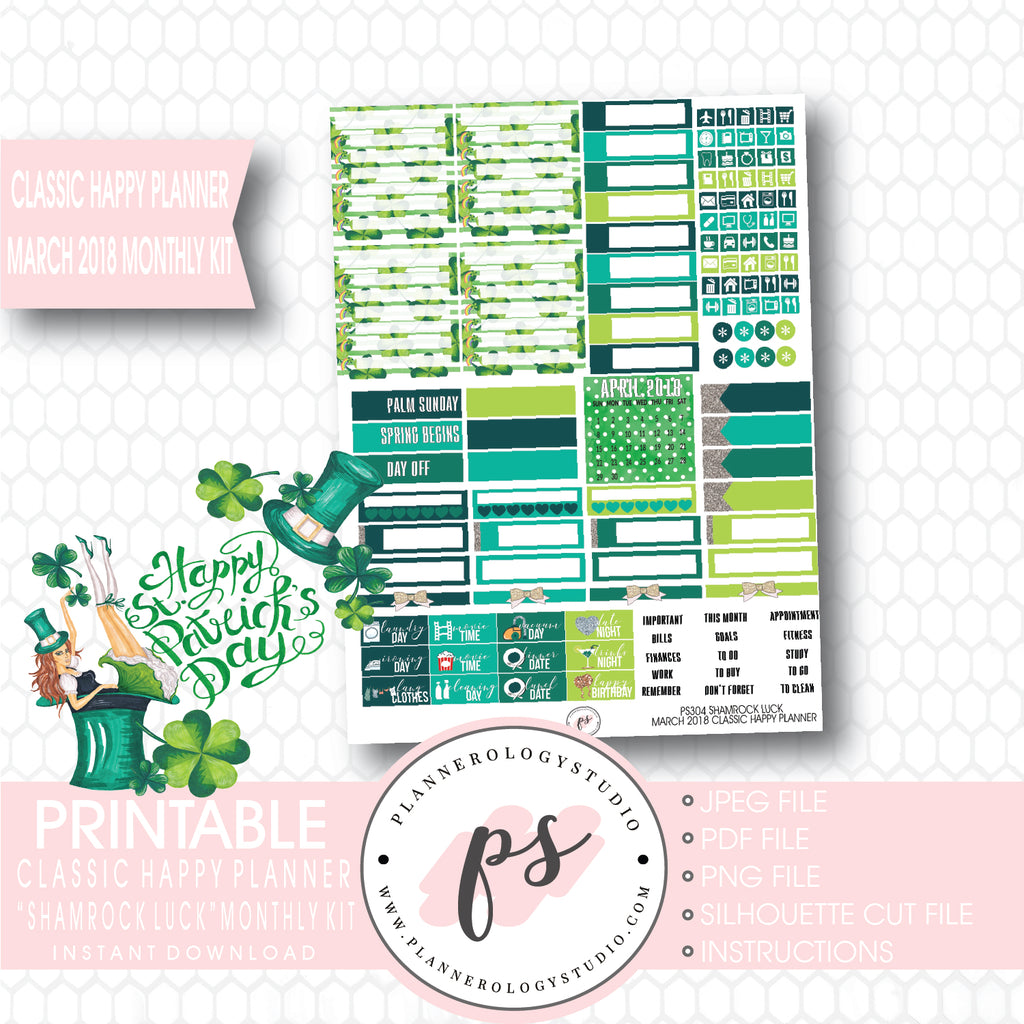 Shamrock Luck St Patrick's Day March 2018 Monthly View Kit Digital Printable Planner Stickers (for use with Classic Happy Planner) - Plannerologystudio