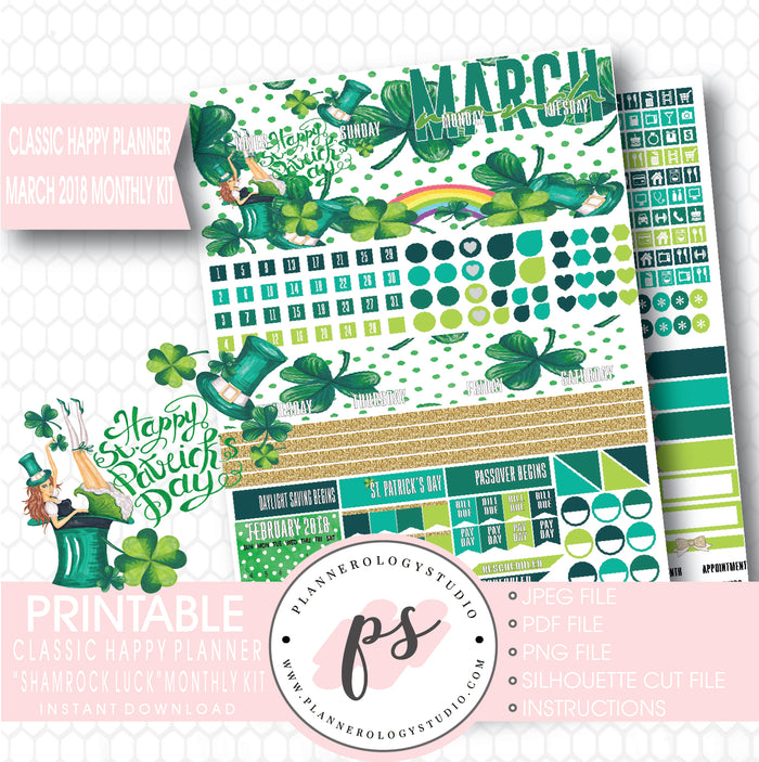 Shamrock Luck St Patrick's Day March 2018 Monthly View Kit Digital Printable Planner Stickers (for use with Classic Happy Planner) - Plannerologystudio