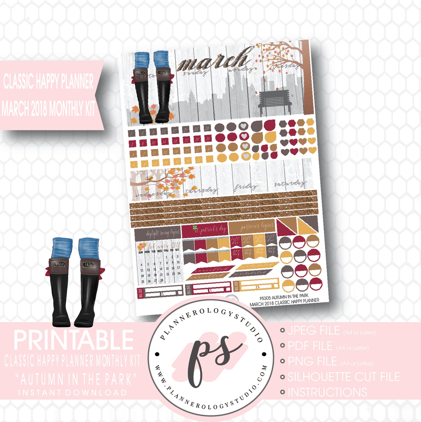 Autumn in the Park March 2018 Monthly View Kit Digital Printable Planner Stickers (for use with Classic Happy Planner) - Plannerologystudio