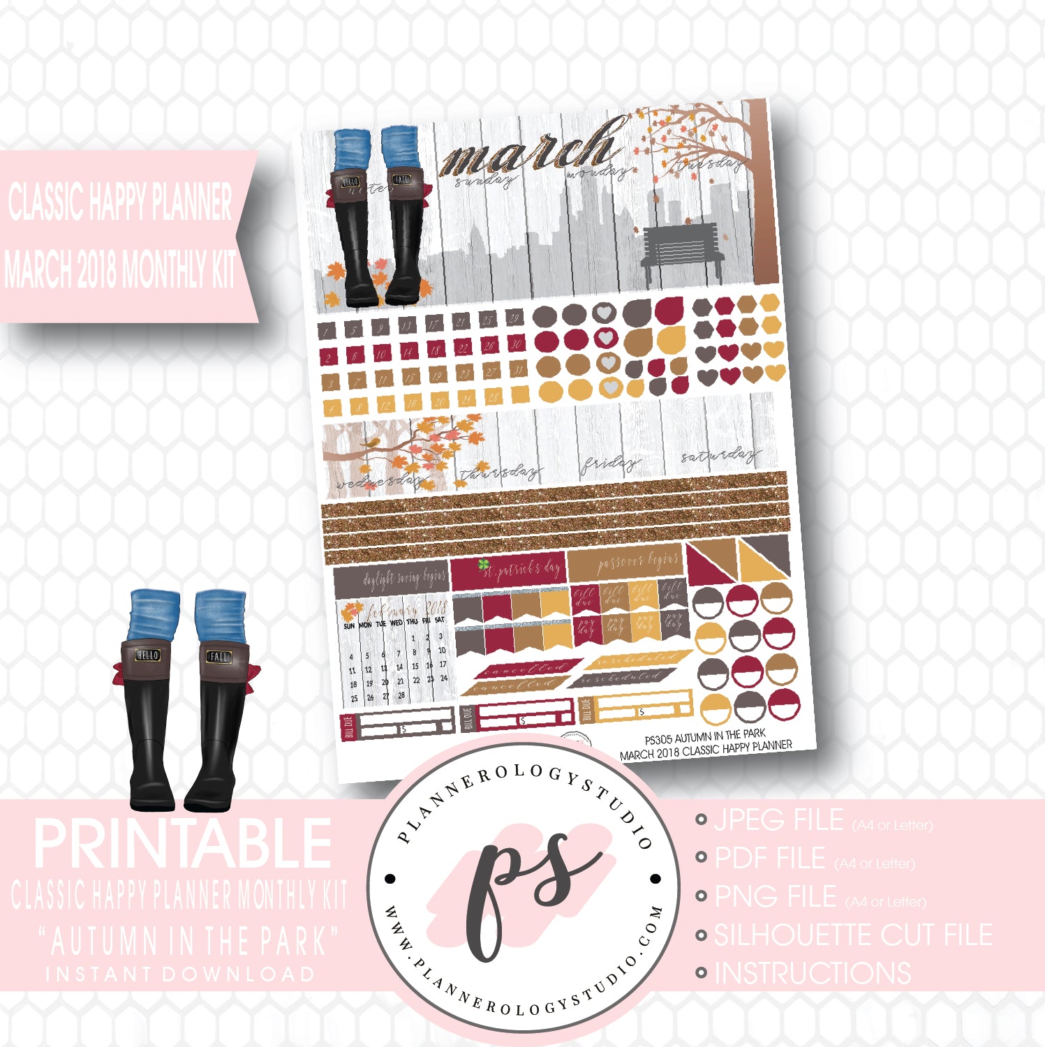 Autumn in the Park March 2018 Monthly View Kit Digital Printable Planner Stickers (for use with Classic Happy Planner) - Plannerologystudio