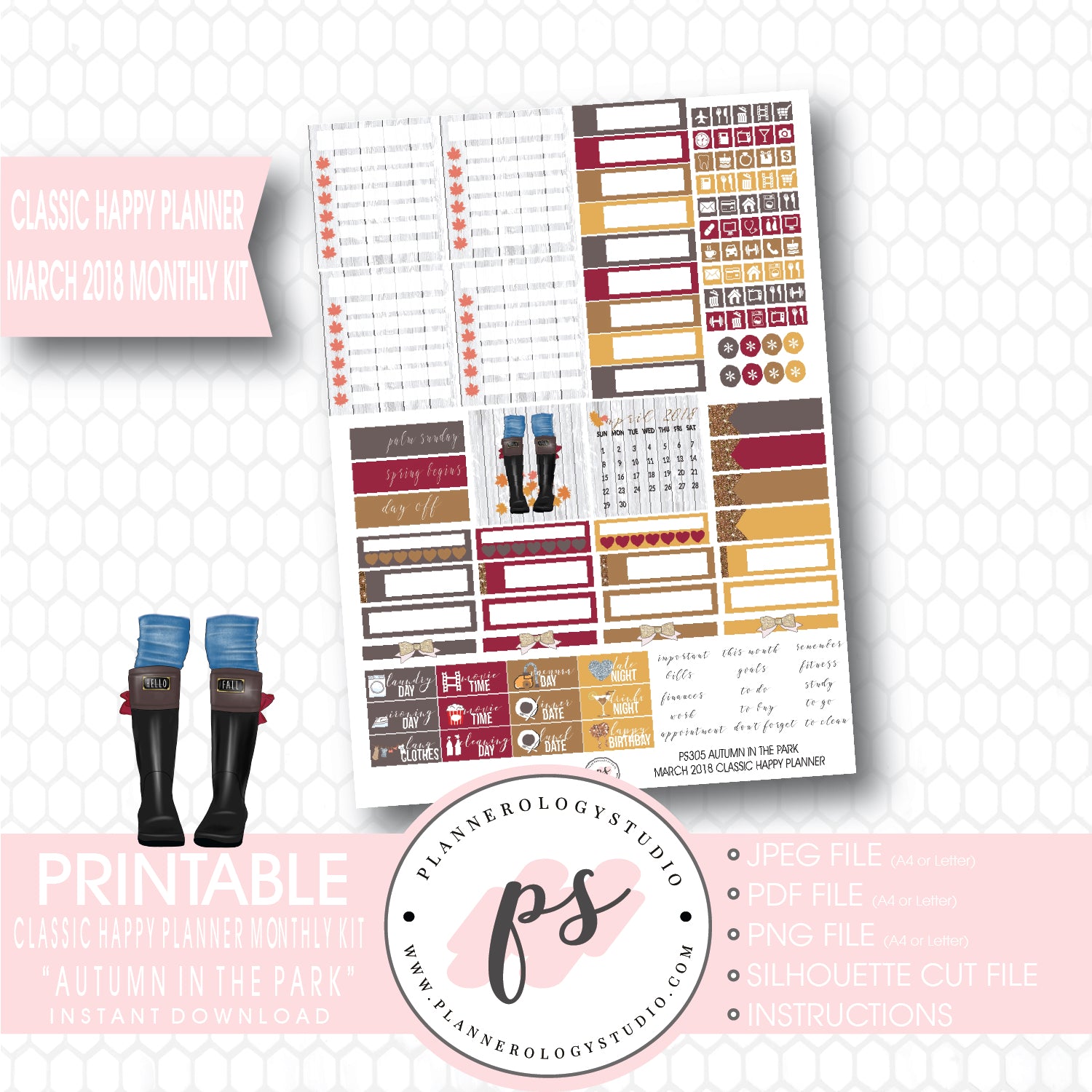 Autumn in the Park March 2018 Monthly View Kit Digital Printable Planner Stickers (for use with Classic Happy Planner) - Plannerologystudio