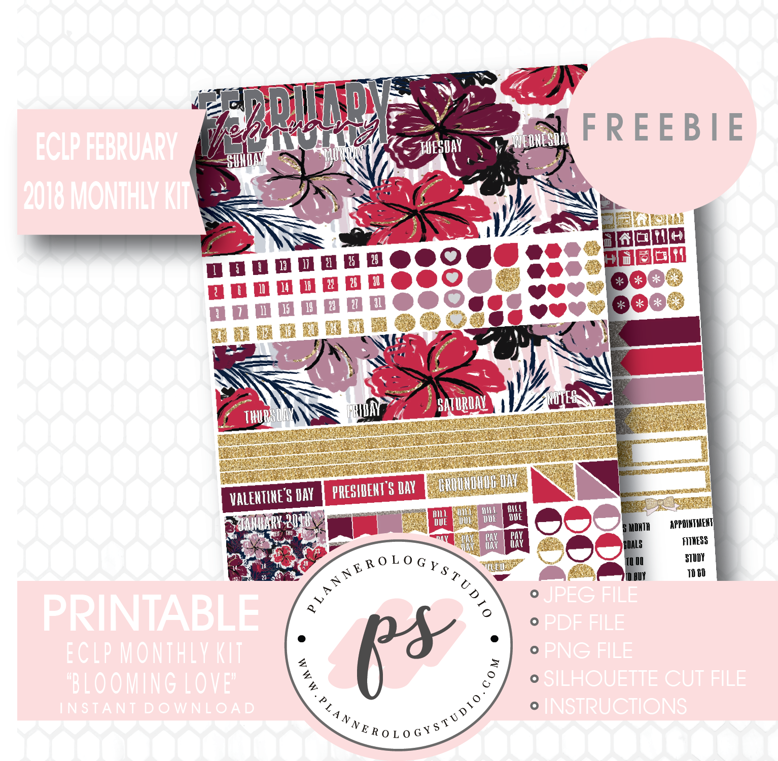 Blooming Love ECLP Erin Condren February 2018 Monthly Kit Digital Printable Planner Stickers (PDF/JPG/PNG/Silhouette Cut File Freebie) - Plannerologystudio
