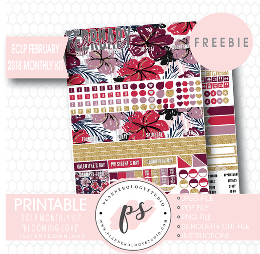 Blooming Love ECLP Erin Condren February 2018 Monthly Kit Digital Printable Planner Stickers (PDF/JPG/PNG/Silhouette Cut File Freebie) - Plannerologystudio