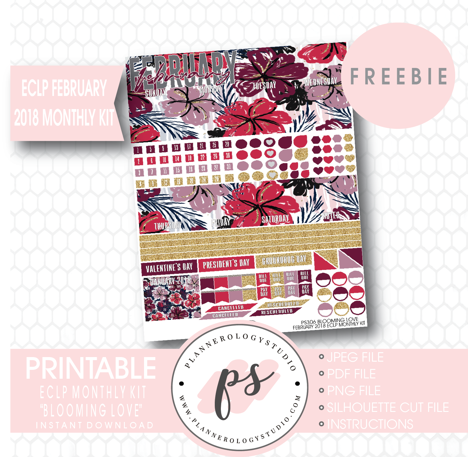 Blooming Love ECLP Erin Condren February 2018 Monthly Kit Digital Printable Planner Stickers (PDF/JPG/PNG/Silhouette Cut File Freebie) - Plannerologystudio