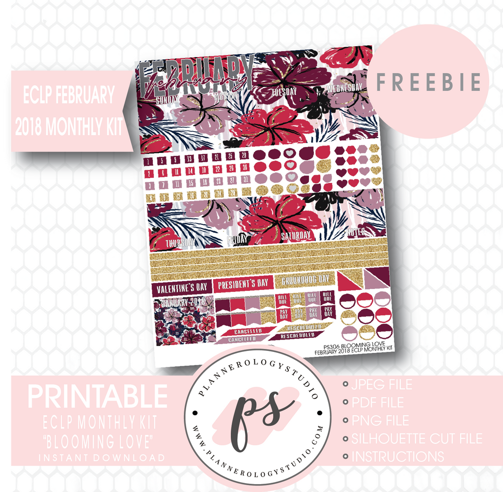 Blooming Love ECLP Erin Condren February 2018 Monthly Kit Digital Printable Planner Stickers (PDF/JPG/PNG/Silhouette Cut File Freebie) - Plannerologystudio