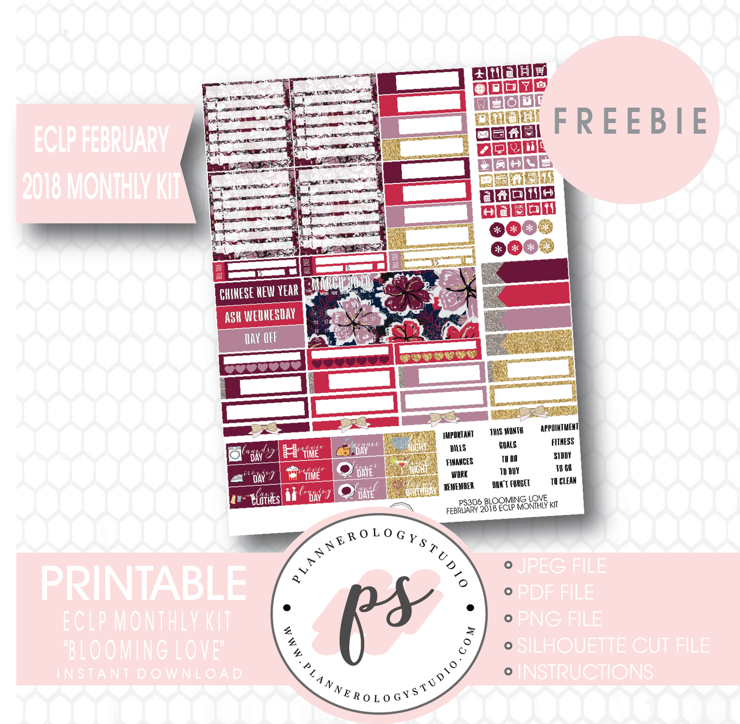 Blooming Love ECLP Erin Condren February 2018 Monthly Kit Digital Printable Planner Stickers (PDF/JPG/PNG/Silhouette Cut File Freebie) - Plannerologystudio