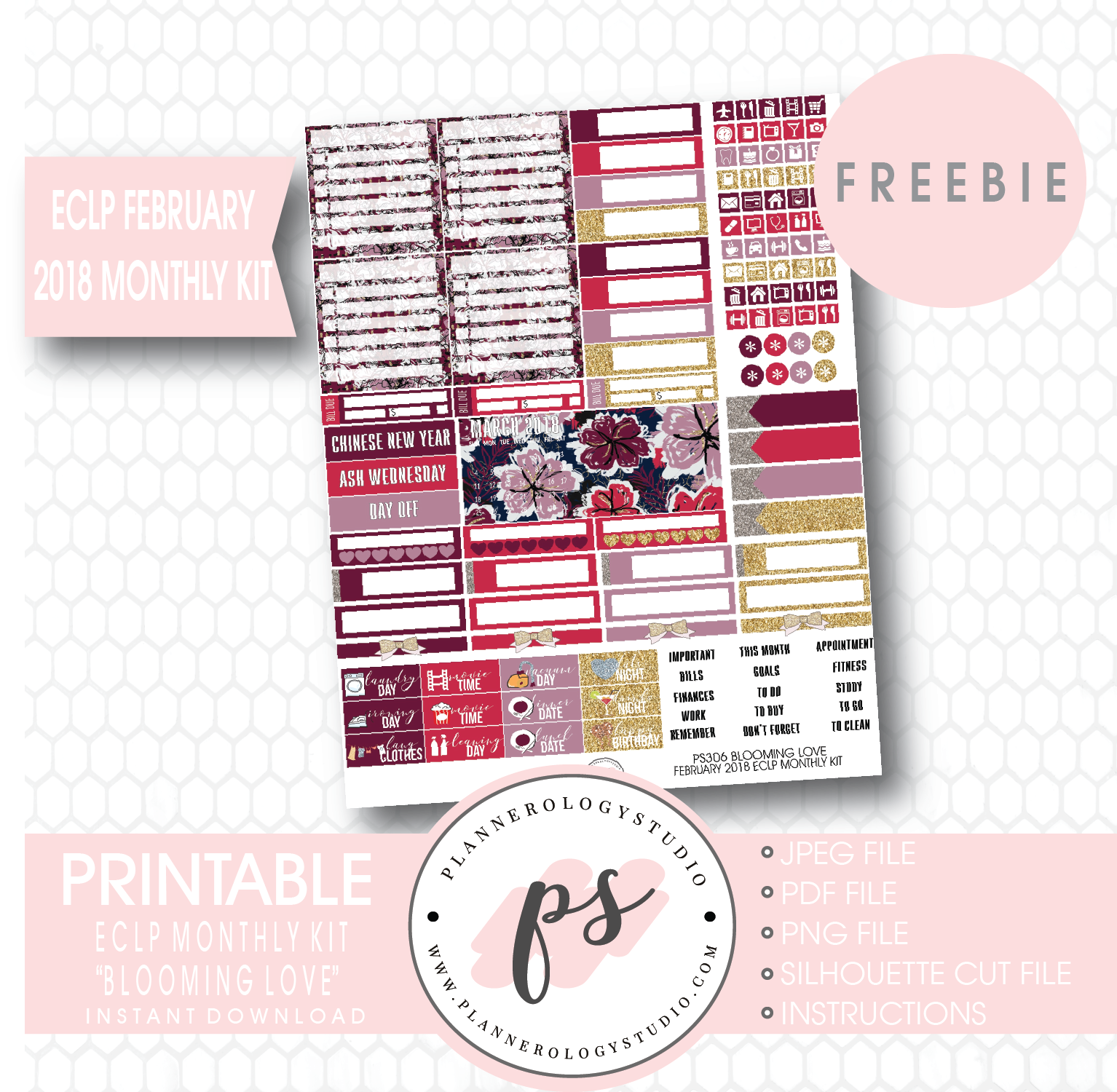 Blooming Love ECLP Erin Condren February 2018 Monthly Kit Digital Printable Planner Stickers (PDF/JPG/PNG/Silhouette Cut File Freebie) - Plannerologystudio