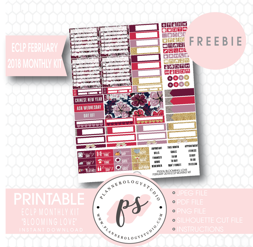 Blooming Love ECLP Erin Condren February 2018 Monthly Kit Digital Printable Planner Stickers (PDF/JPG/PNG/Silhouette Cut File Freebie) - Plannerologystudio