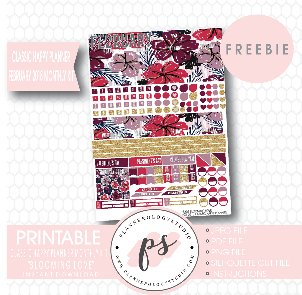 Blooming Love Classic Happy Planner February 2018 Monthly Kit Digital Printable Planner Stickers (PDF/JPG/PNG/Silhouette Cut File Freebie) - Plannerologystudio