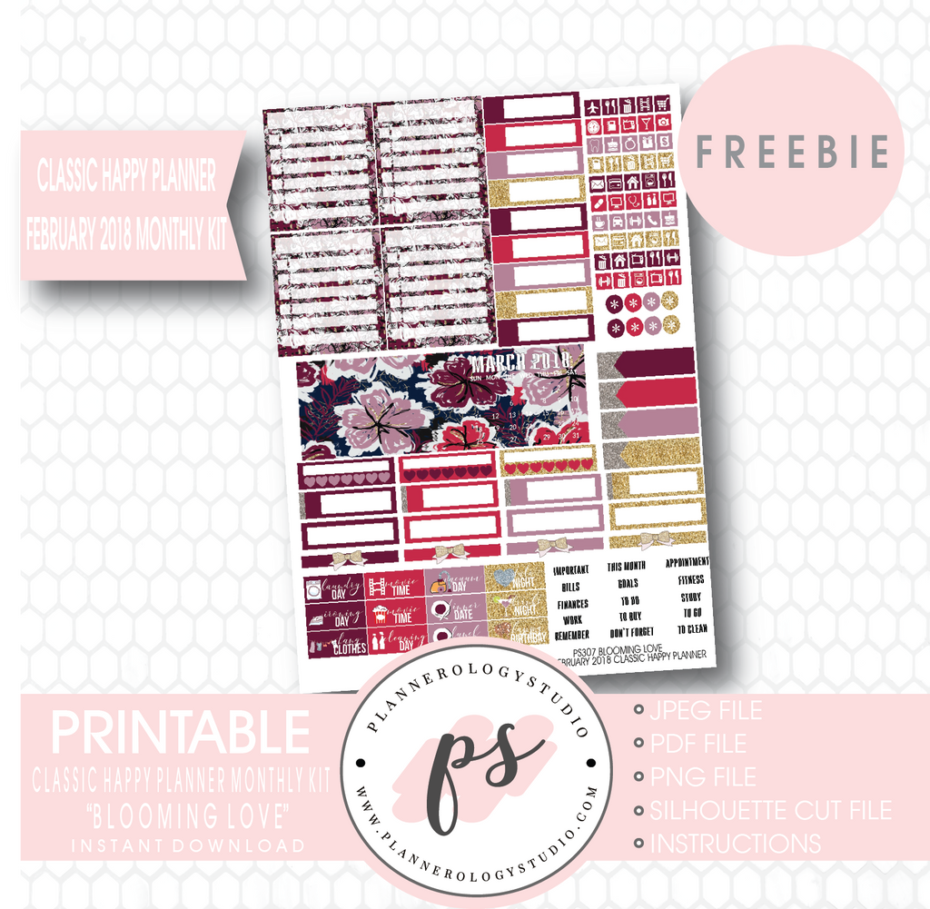 Blooming Love Classic Happy Planner February 2018 Monthly Kit Digital Printable Planner Stickers (PDF/JPG/PNG/Silhouette Cut File Freebie) - Plannerologystudio