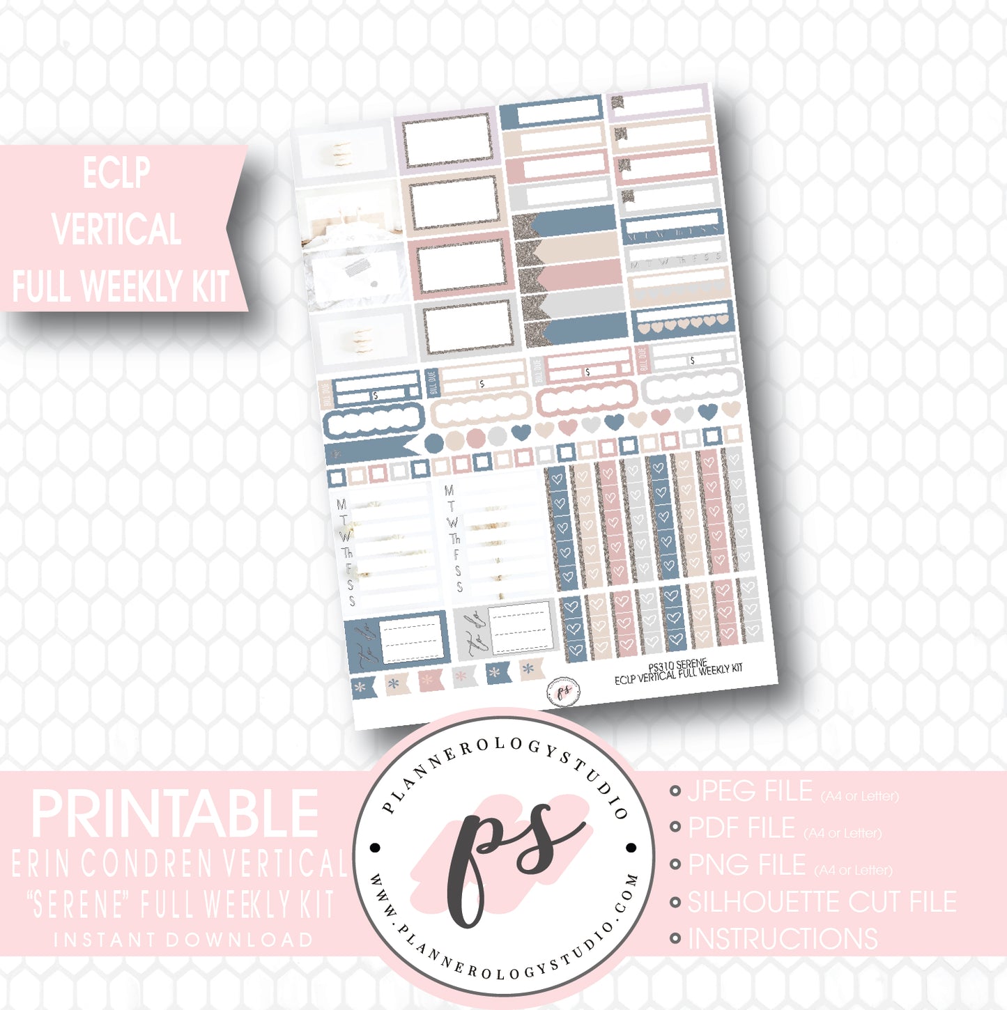 Serene Stock Photography Full Weekly Kit Digital Printable Planner Stickers (for use with ECLP Vertical) - Plannerologystudio