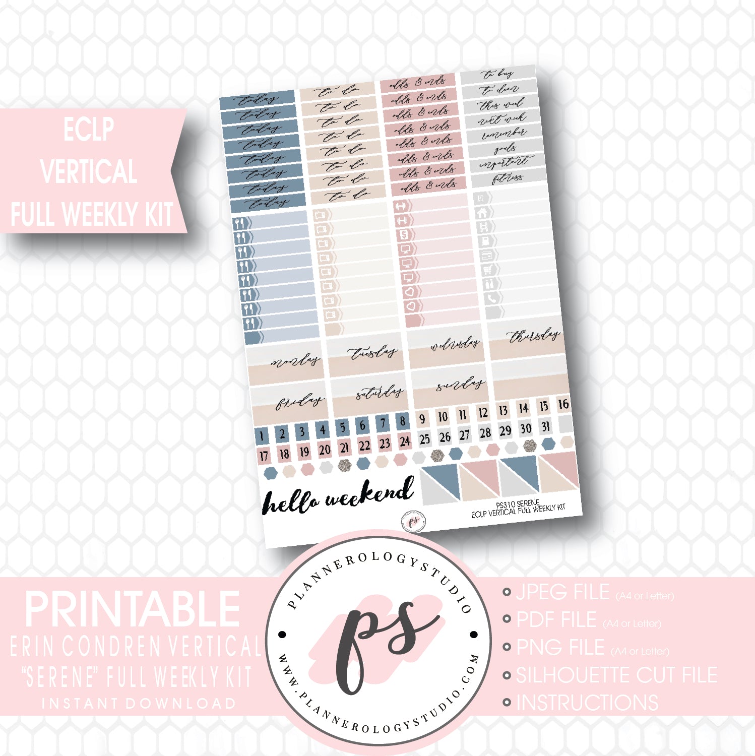 Serene Stock Photography Full Weekly Kit Digital Printable Planner Stickers (for use with ECLP Vertical) - Plannerologystudio
