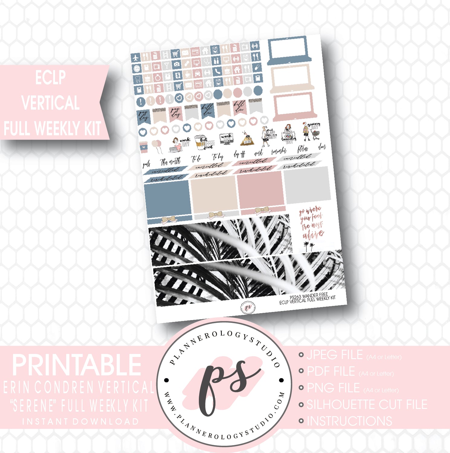 Serene Stock Photography Full Weekly Kit Digital Printable Planner Stickers (for use with ECLP Vertical) - Plannerologystudio