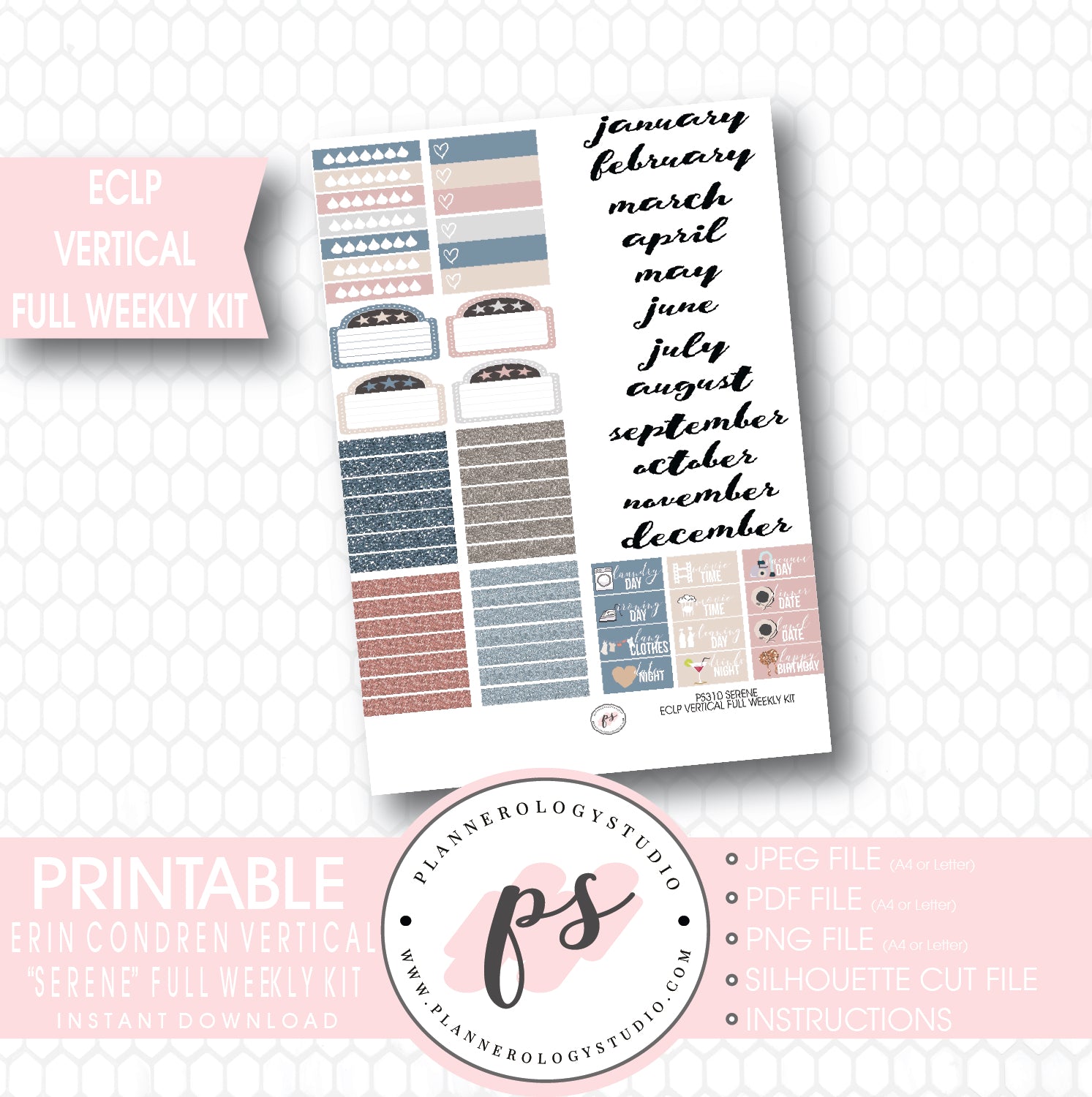 Serene Stock Photography Full Weekly Kit Digital Printable Planner Stickers (for use with ECLP Vertical) - Plannerologystudio