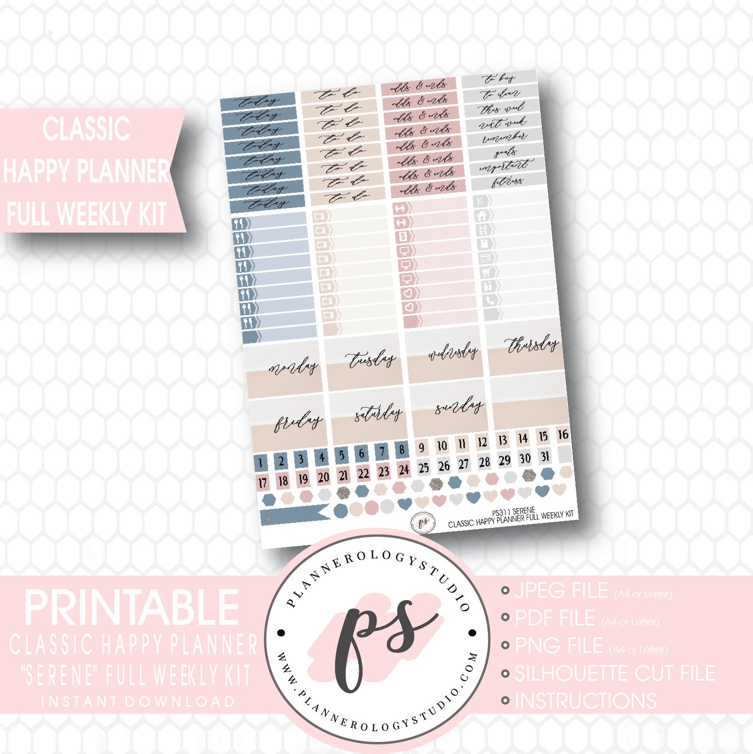 Serene Stock Photography Full Weekly Kit Digital Printable Planner Stickers (for use with Classic Happy Planner) - Plannerologystudio