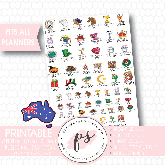 Various Australian Holiday & Public Holiday Icons Digital Printable Planner Stickers - Plannerologystudio