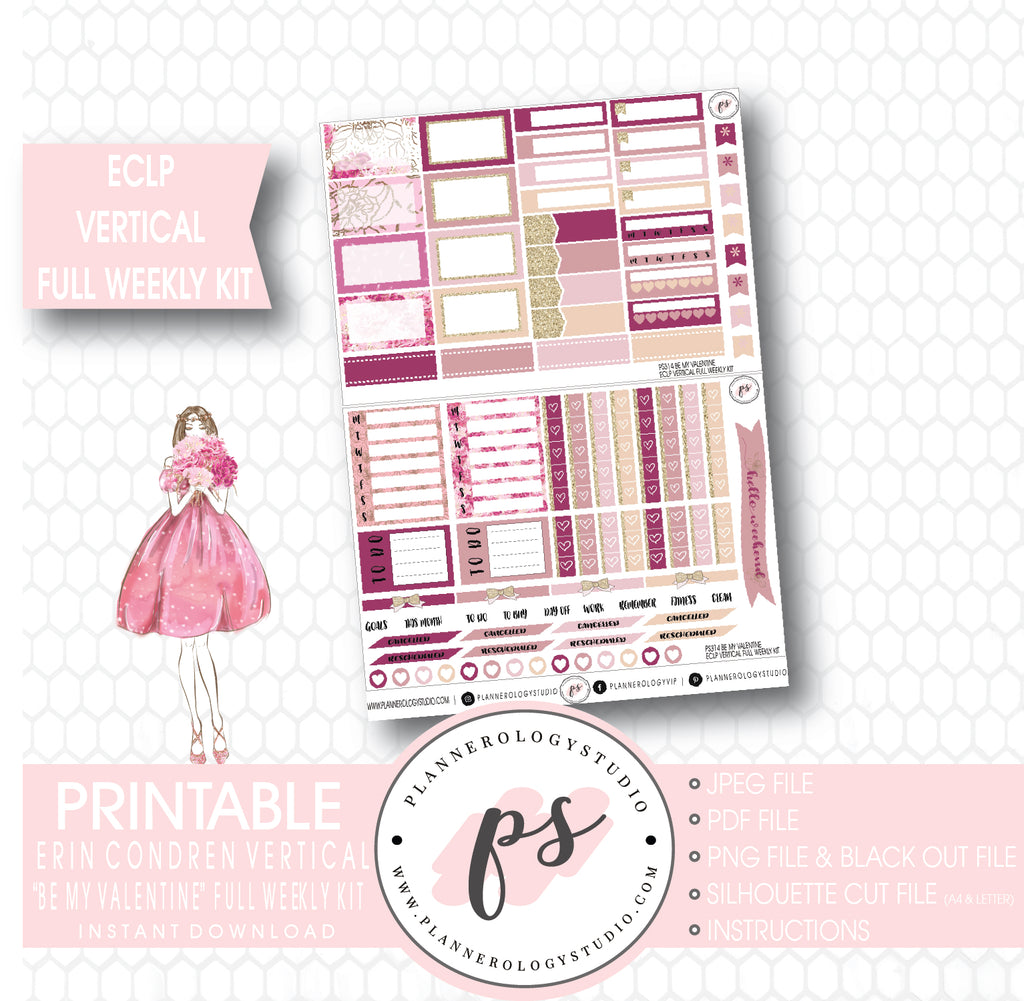 Be My Valentine Full Weekly Kit Printable Planner Stickers (for use with ECLP Vertical) - Plannerologystudio