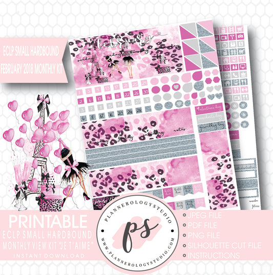 Je T'aime Valentine's Day February 2018 Monthly View Kit Printable Planner Stickers (for use with ECLP Small Hardbound) - Plannerologystudio