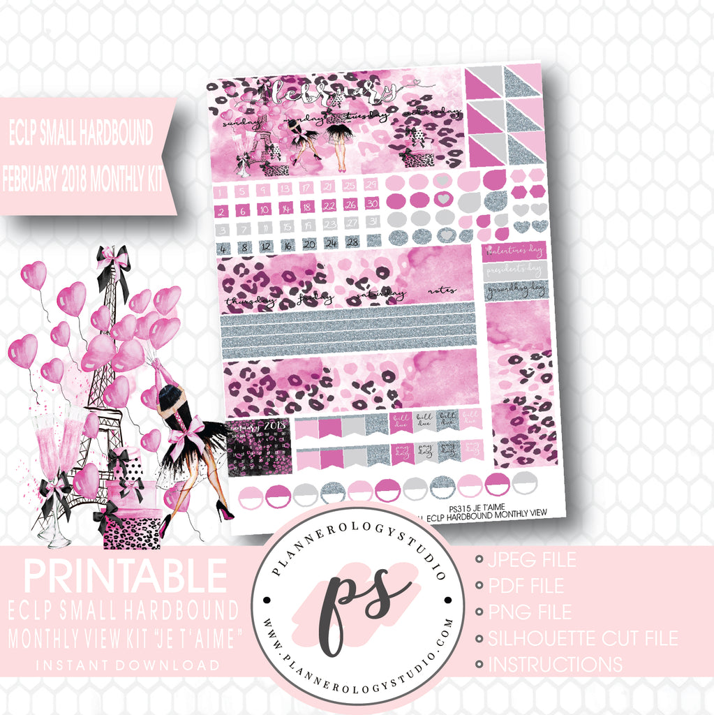 Je T'aime Valentine's Day February 2018 Monthly View Kit Printable Planner Stickers (for use with ECLP Small Hardbound) - Plannerologystudio