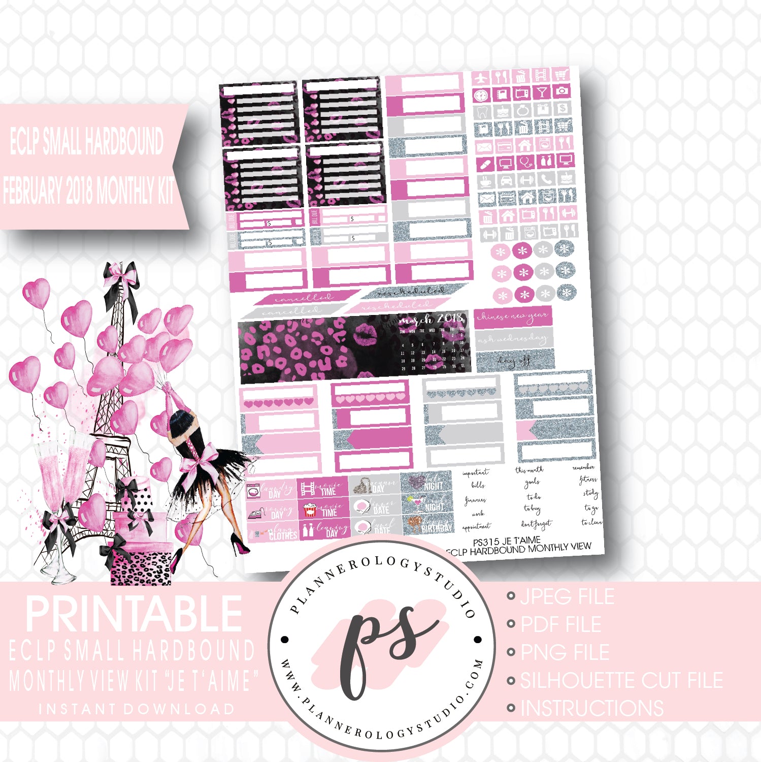 Je T'aime Valentine's Day February 2018 Monthly View Kit Printable Planner Stickers (for use with ECLP Small Hardbound) - Plannerologystudio