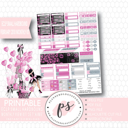 Je T'aime Valentine's Day February 2018 Monthly View Kit Printable Planner Stickers (for use with ECLP Small Hardbound) - Plannerologystudio