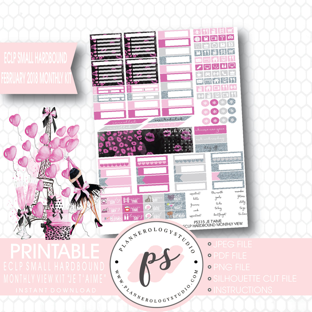 Je T'aime Valentine's Day February 2018 Monthly View Kit Printable Planner Stickers (for use with ECLP Small Hardbound) - Plannerologystudio
