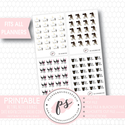 Me Time, Netflix Binge, Date Night & Coffee Break Icons Digital Printable Planner Stickers - Plannerologystudio