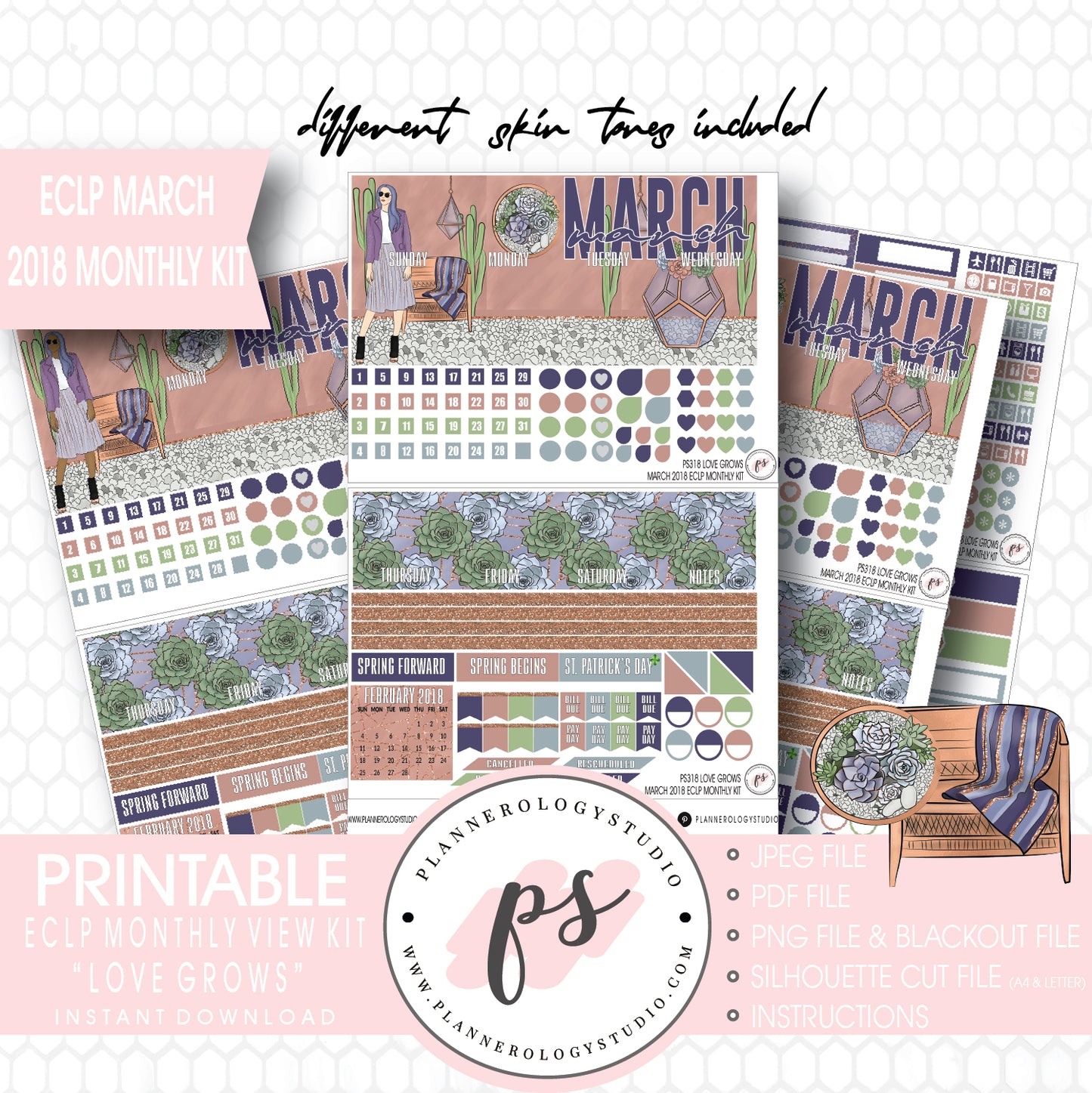 Love Grows March 2018 Monthly View Kit Digital Printable Planner Stickers (for use with ECLP) - Plannerologystudio