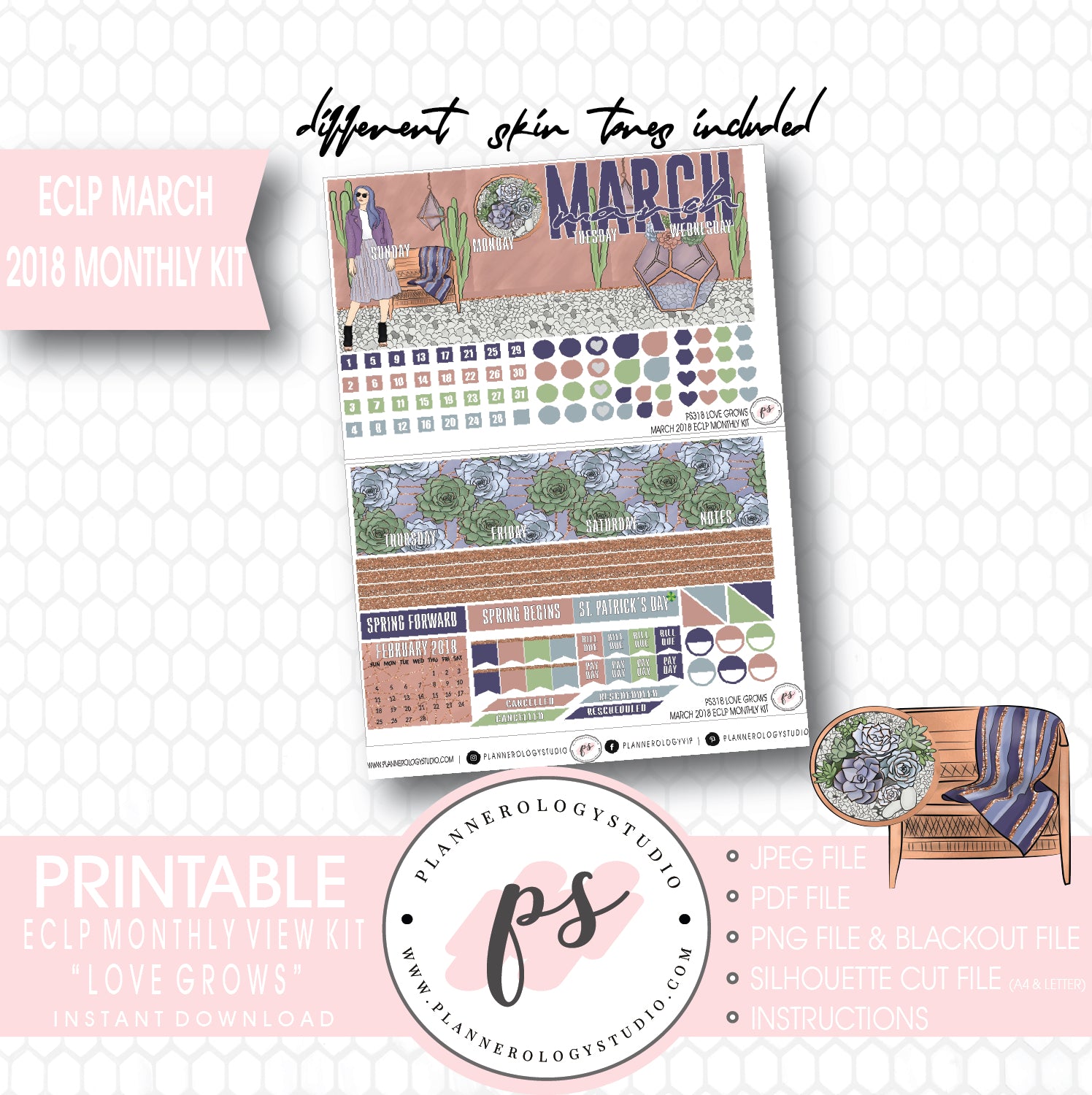 Love Grows March 2018 Monthly View Kit Digital Printable Planner Stickers (for use with ECLP) - Plannerologystudio