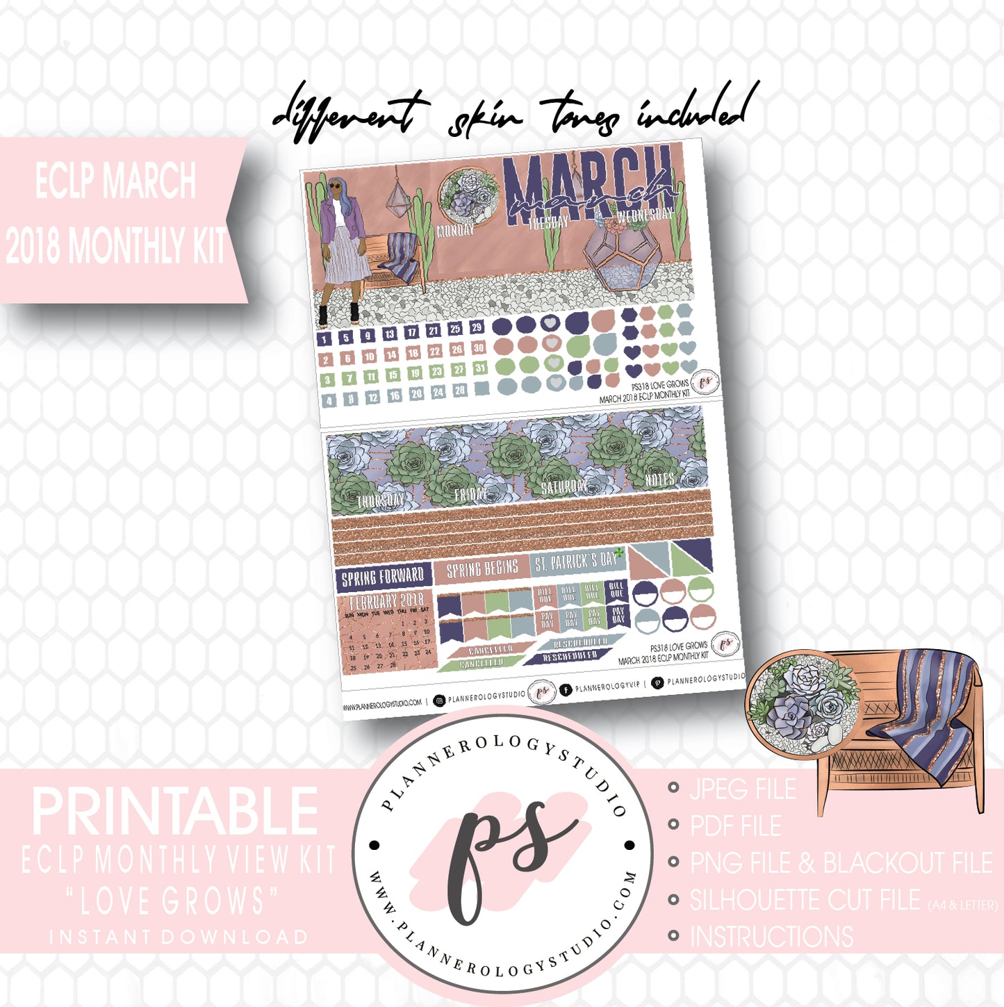 Love Grows March 2018 Monthly View Kit Digital Printable Planner Stickers (for use with ECLP) - Plannerologystudio
