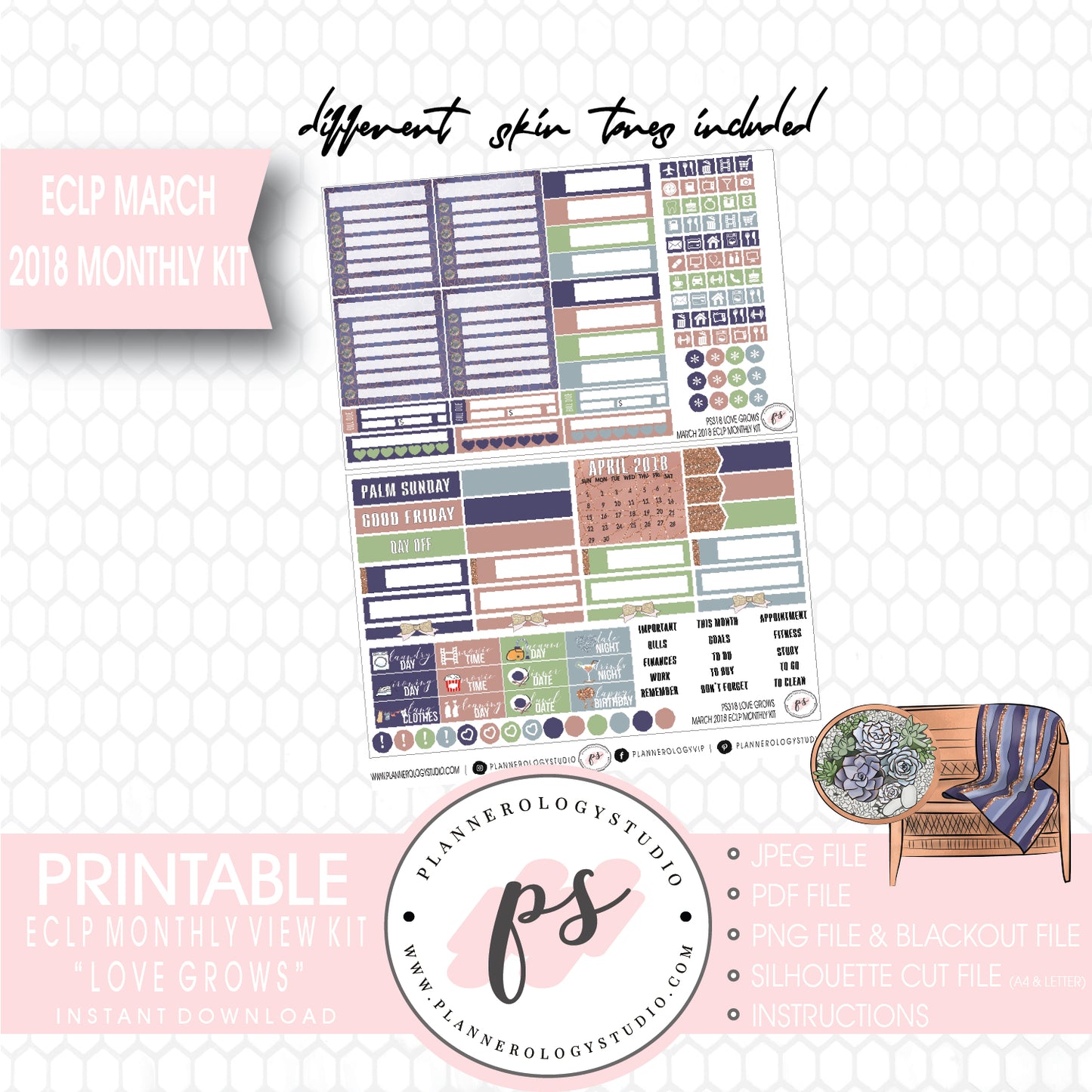 Love Grows March 2018 Monthly View Kit Digital Printable Planner Stickers (for use with ECLP) - Plannerologystudio