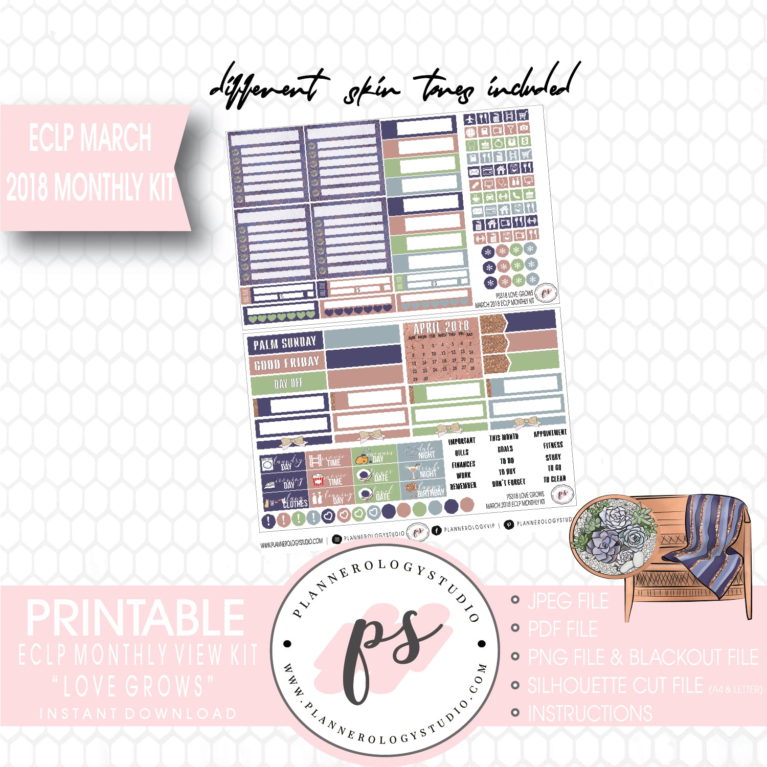 Love Grows March 2018 Monthly View Kit Digital Printable Planner Stickers (for use with ECLP) - Plannerologystudio