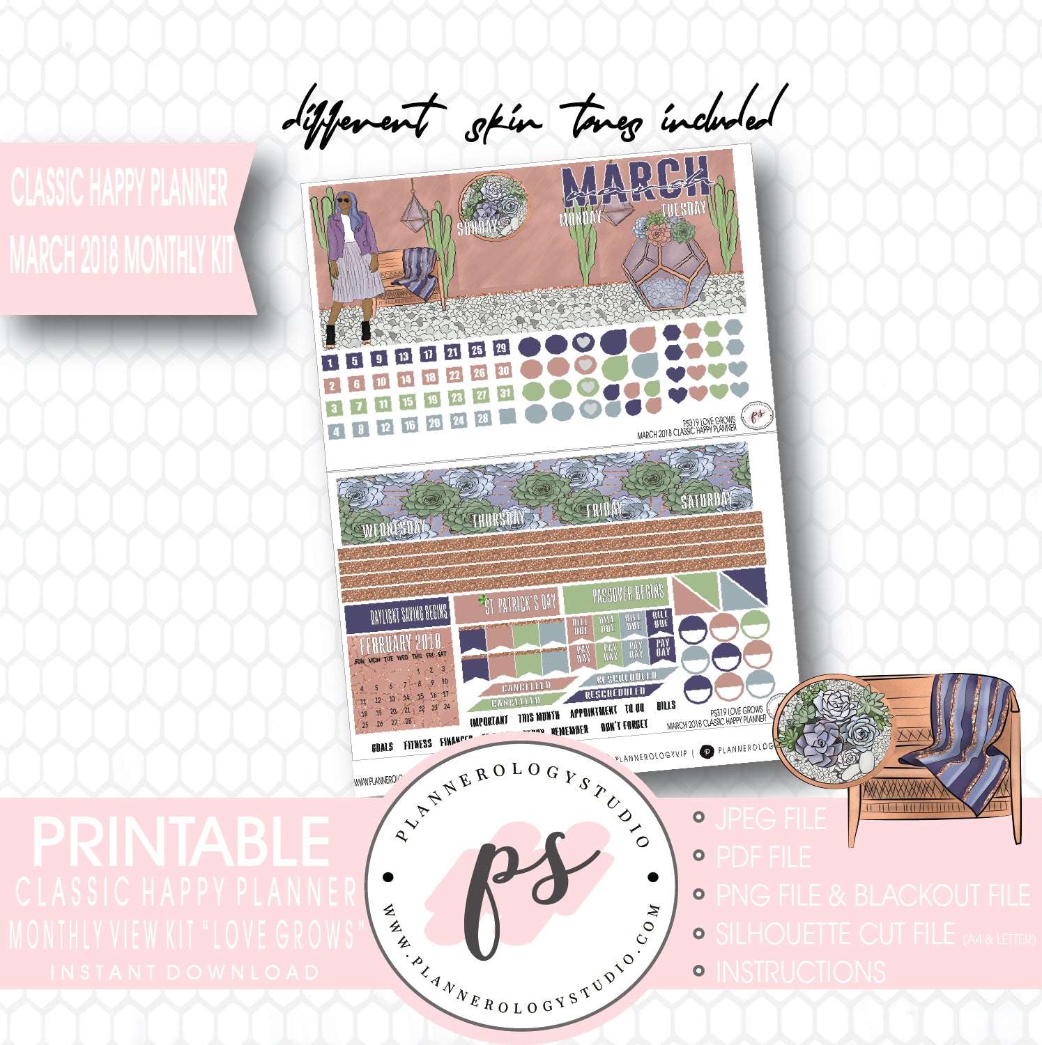 Love Grows March 2018 Monthly View Kit Digital Printable Planner Stickers (for use with Classic Happy Planner) - Plannerologystudio
