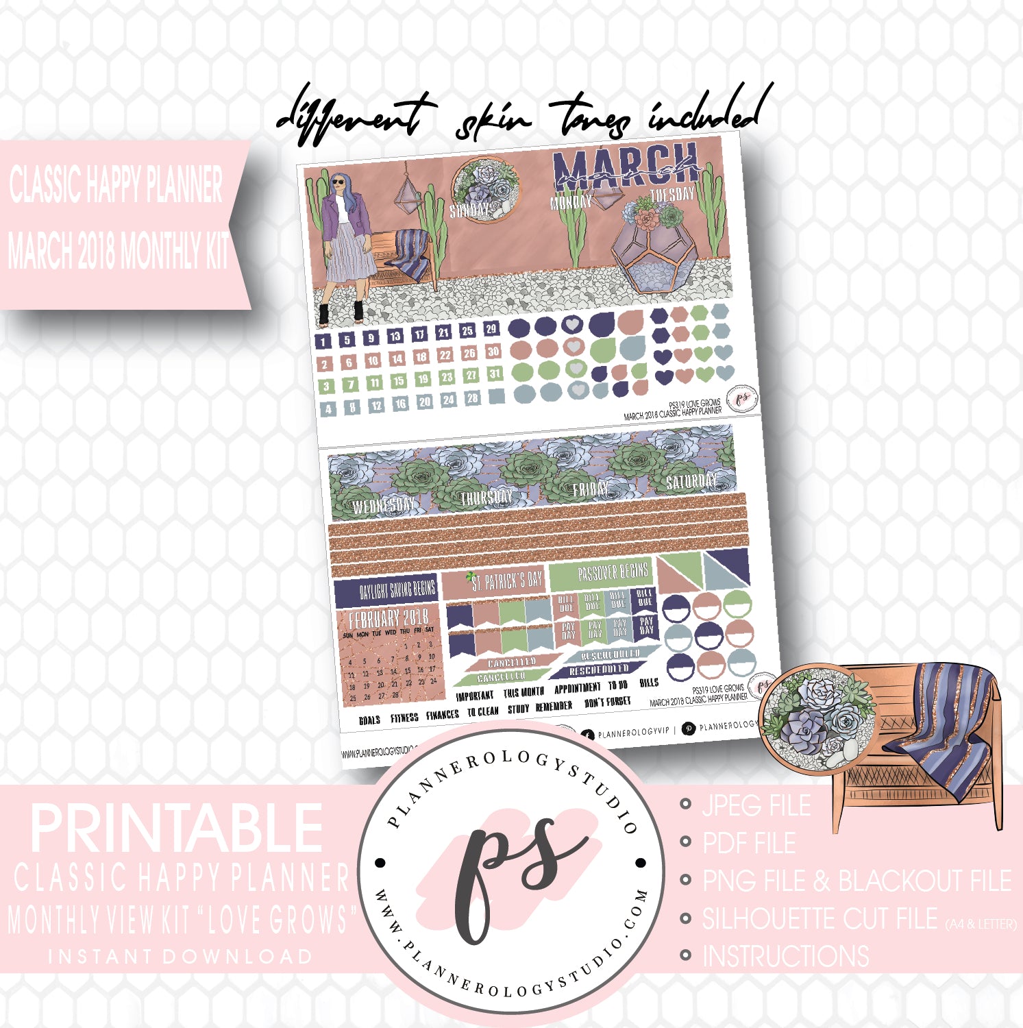 Love Grows March 2018 Monthly View Kit Digital Printable Planner Stickers (for use with Classic Happy Planner) - Plannerologystudio