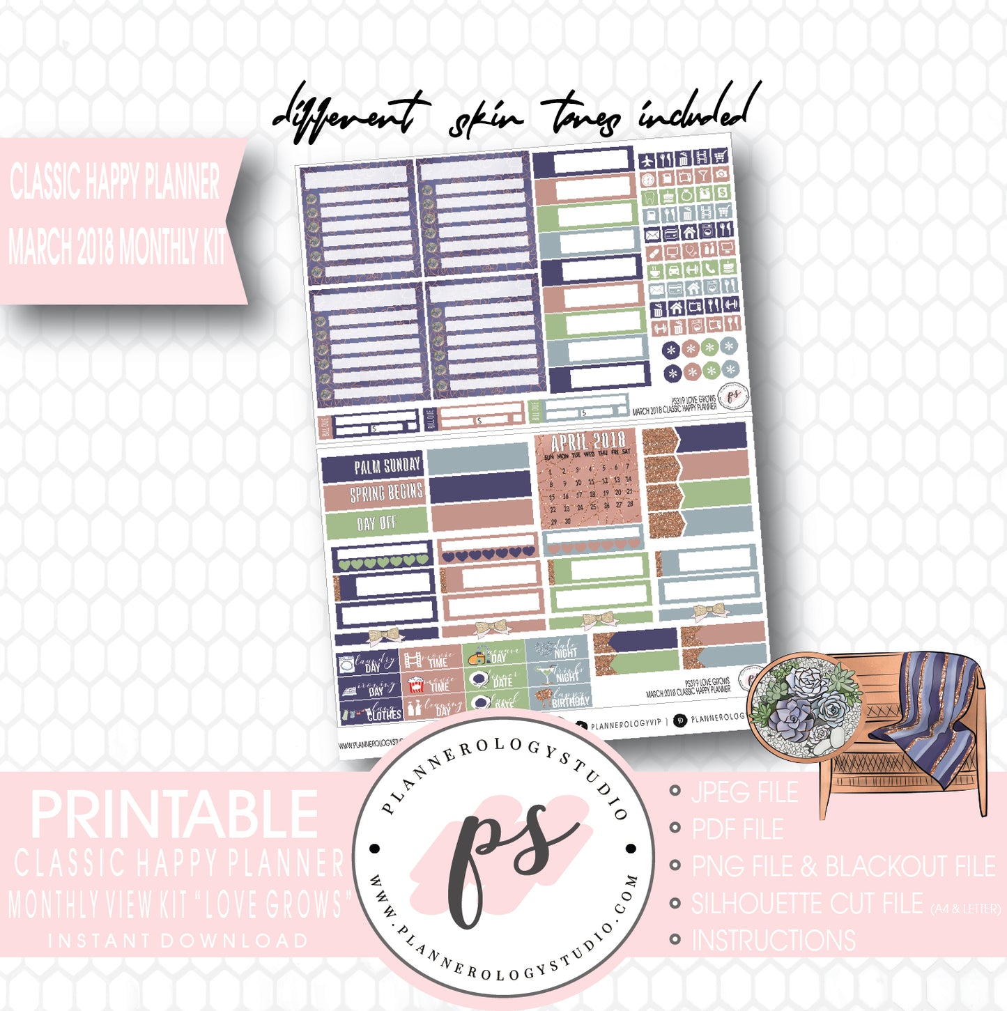 Love Grows March 2018 Monthly View Kit Digital Printable Planner Stickers (for use with Classic Happy Planner) - Plannerologystudio