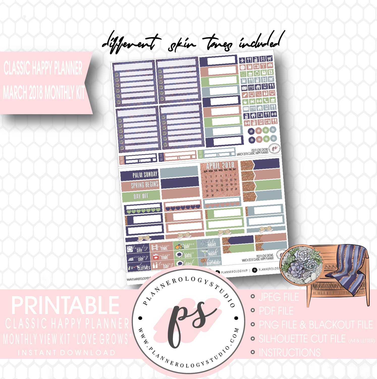 Love Grows March 2018 Monthly View Kit Digital Printable Planner Stickers (for use with Classic Happy Planner) - Plannerologystudio