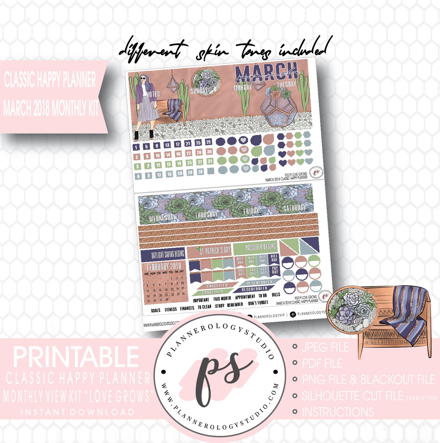 Love Grows March 2018 Monthly View Kit Digital Printable Planner Stickers (for use with Classic Happy Planner) - Plannerologystudio