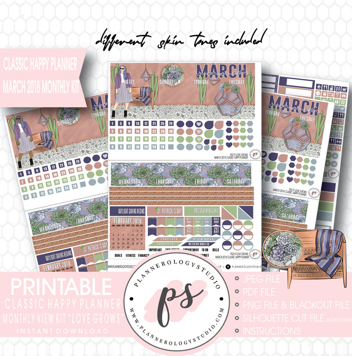 Love Grows March 2018 Monthly View Kit Digital Printable Planner Stickers (for use with Classic Happy Planner) - Plannerologystudio