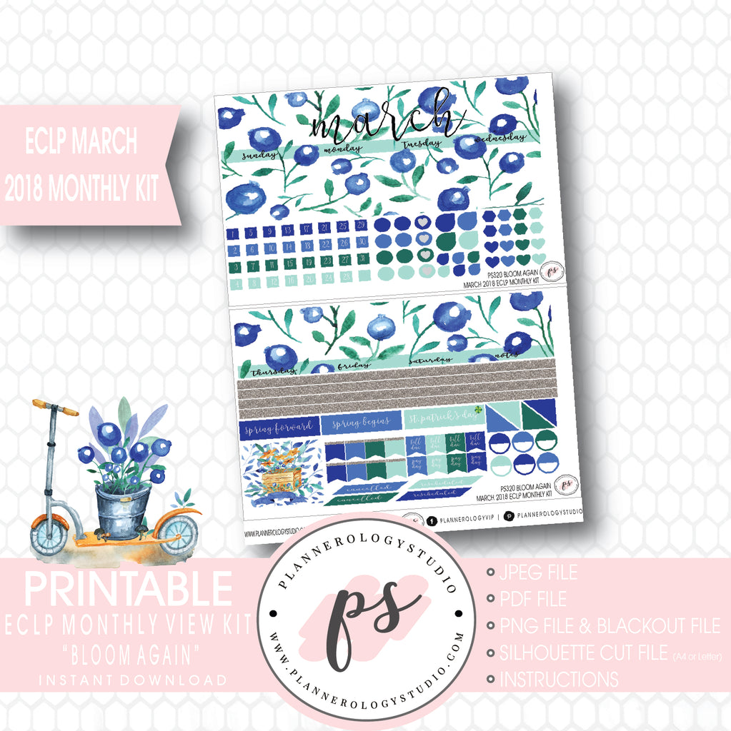 Bloom Again March 2018 Monthly View Kit Digital Printable Planner Stickers (for use with Erin Condren) - Plannerologystudio