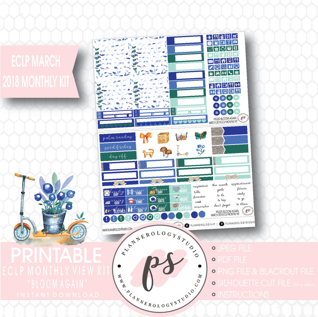 Bloom Again March 2018 Monthly View Kit Digital Printable Planner Stickers (for use with Erin Condren) - Plannerologystudio