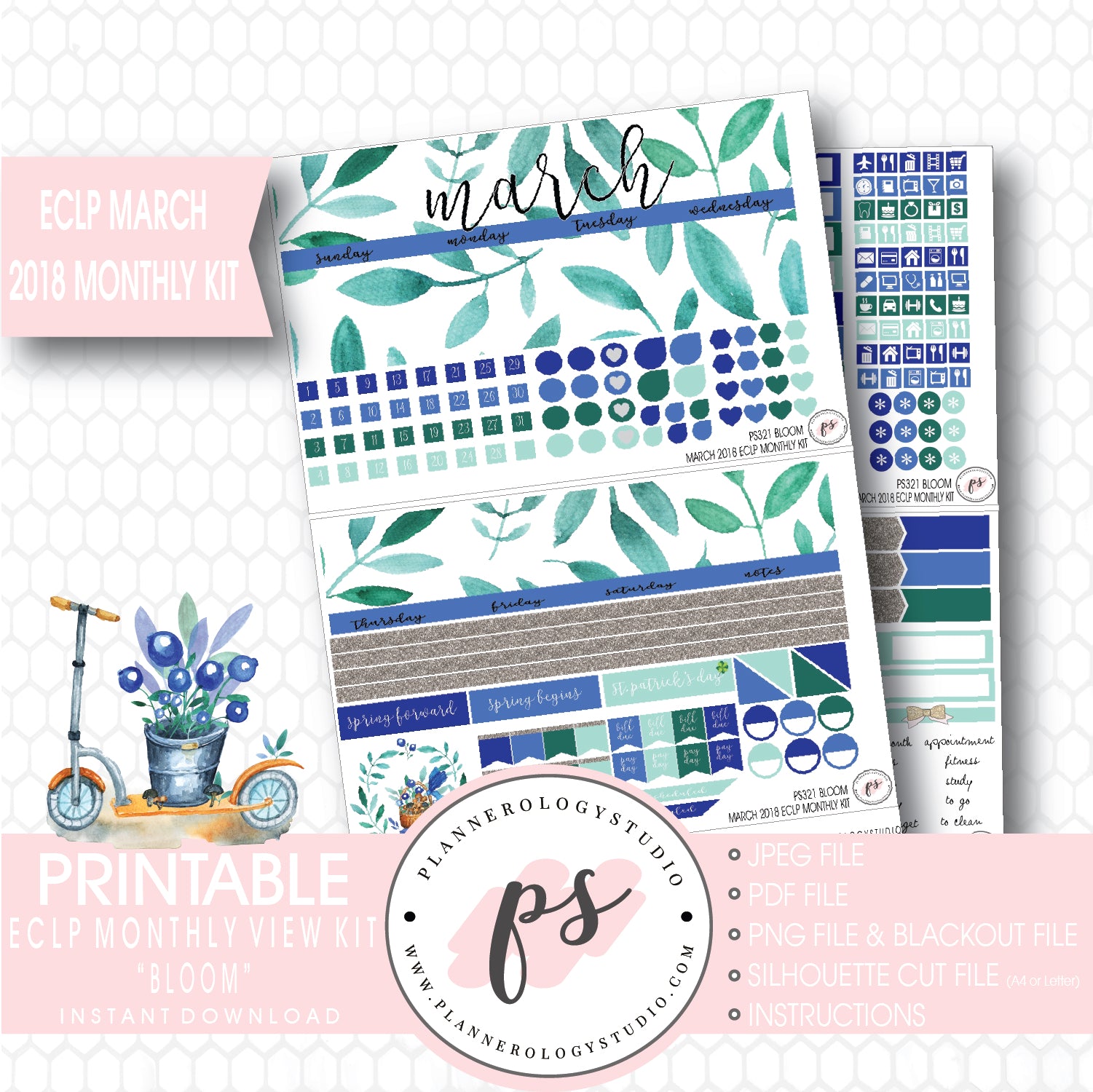 Bloom March 2018 Monthly View Kit Digital Printable Planner Stickers (for use with Erin Condren) - Plannerologystudio