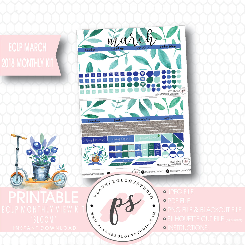 Bloom March 2018 Monthly View Kit Digital Printable Planner Stickers (for use with Erin Condren) - Plannerologystudio