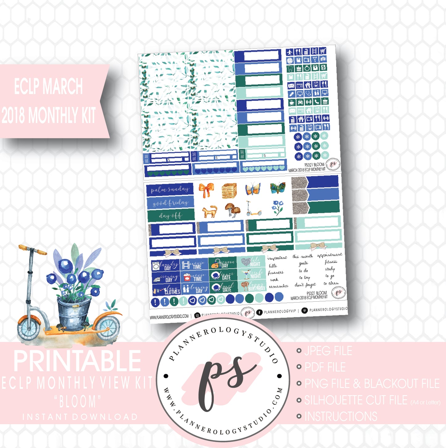 Bloom March 2018 Monthly View Kit Digital Printable Planner Stickers (for use with Erin Condren) - Plannerologystudio
