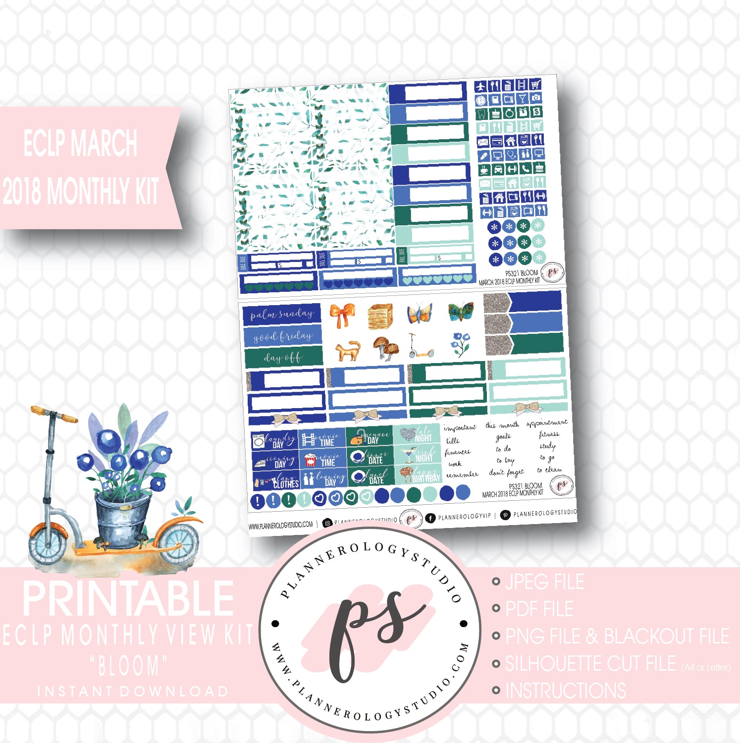 Bloom March 2018 Monthly View Kit Digital Printable Planner Stickers (for use with Erin Condren) - Plannerologystudio