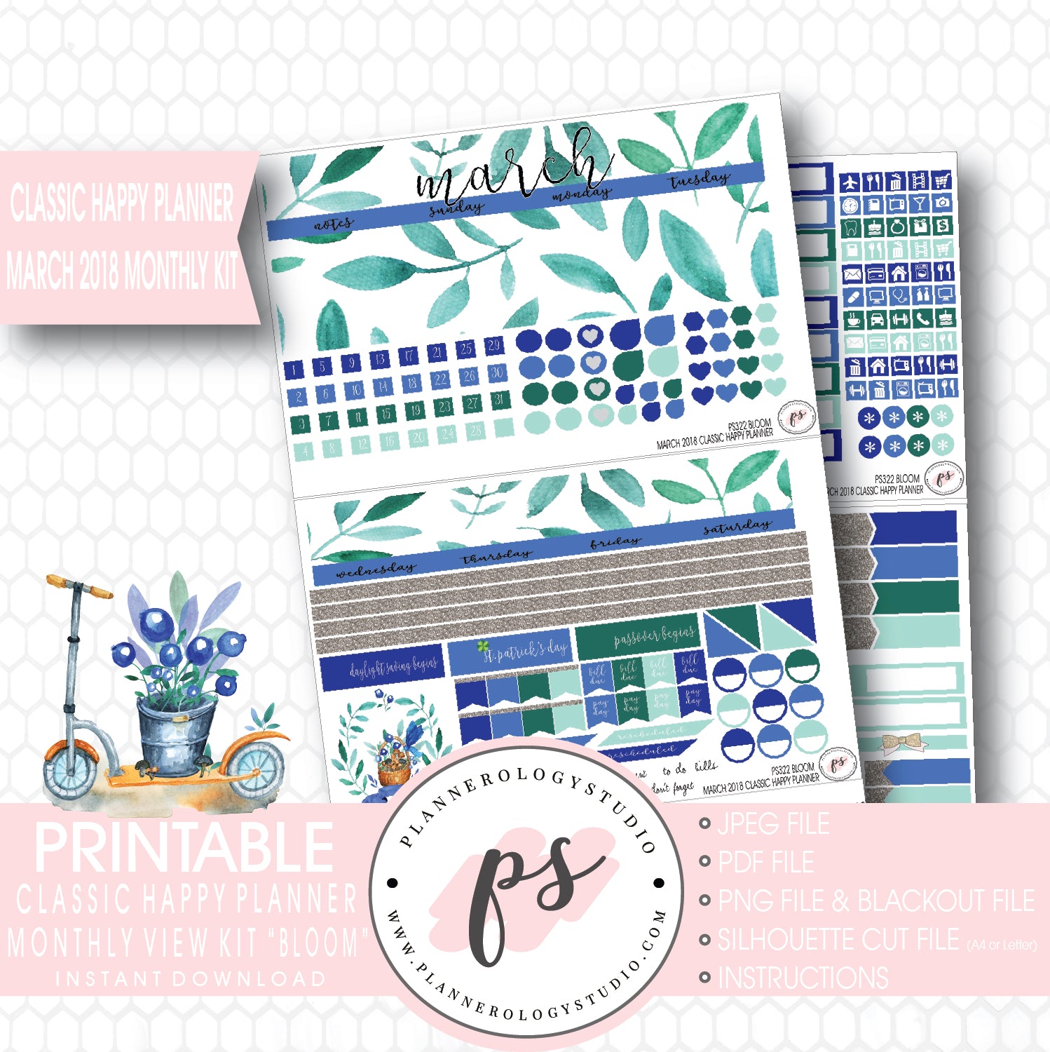 Bloom March 2018 Monthly View Kit Digital Printable Planner Stickers (for use with Classic Happy Planner) - Plannerologystudio